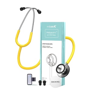 FriCARE - Estetoscopio de aislamiento amarillo - Estetoscopios para enfermeras de grado clínico paramédico EMT RN - Accesorios clásicos de doble cabeza StethoMedic Essentials - Sonido premium - Orejas