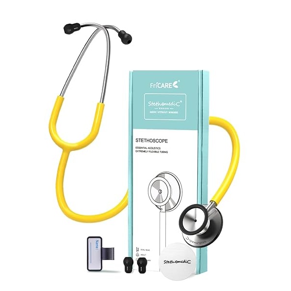 FriCARE - Estetoscopio de aislamiento amarillo - Estetoscopios para enfermeras de grado clínico paramédico EMT RN - Accesorios clásicos de doble cabeza StethoMedic Essentials - Sonido premium - Orejas