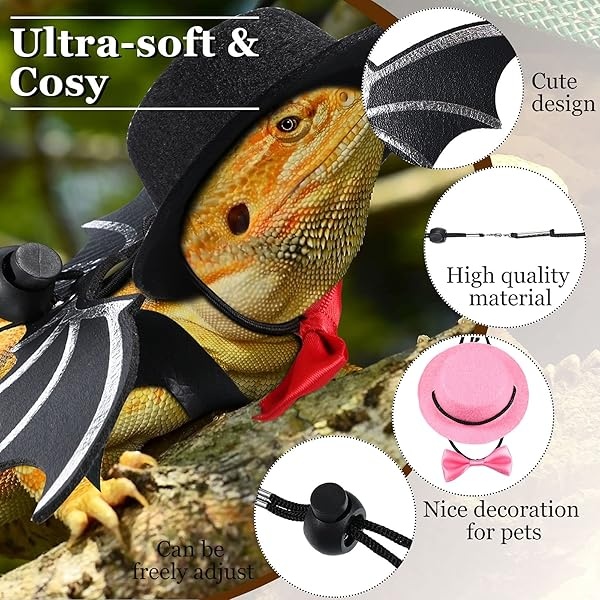 Frienda Juego de 6 correas de lagarto ajustables con diseño de dragón barbudo, arnés para reptiles en 3 tamaños con alas de murciélago, adorable sombrero y pajarita para animales pequeños de dragón barbudo, lagarto reptil, anfibio, 2 colores - Image 4