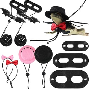 Frienda Juego de 6 correas de lagarto ajustables con diseño de dragón barbudo, arnés para reptiles en 3 tamaños con alas de murciélago, adorable sombrero y pajarita para animales pequeños de dragón barbudo, lagarto reptil, anfibio, 2 colores