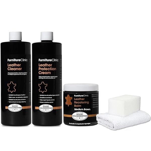 Furniture Clinic Kit completo de restauración de piel | con bálsamo de recoloración de piel, limpiador, crema de protección 2 en 1 y acondicionador, esponja y paño | Kit de reparación de piel para