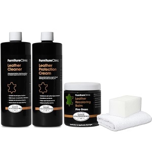 Furniture Clinic Kit completo de restauración de piel | con bálsamo de recoloración de piel, limpiador, crema de protección 2 en 1 y acondicionador, esponja y paño | Kit de reparación de piel para