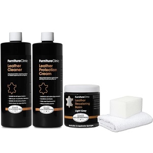 Furniture Clinic Kit completo de restauración de piel | con bálsamo de recoloración de piel, limpiador, crema de protección 2 en 1 y acondicionador, esponja y paño | Kit de reparación de piel para