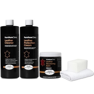 Furniture Clinic Kit completo de restauración de piel | con bálsamo de recoloración de piel, limpiador, crema de protección 2 en 1 y acondicionador, esponja y paño | Kit de reparación de piel para