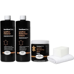 Furniture Clinic Kit completo de restauración de piel | con bálsamo de recoloración de piel, limpiador, crema de protección 2 en 1 y acondicionador, esponja y paño | Kit de reparación de piel para