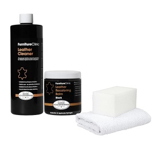 Furniture Clinic Kit de restauración fácil de piel | Incluye bálsamo de recoloración de piel y limpiador de piel, esponja y paño | Restaurar y reparar sofás, asientos de coche y más (negro)