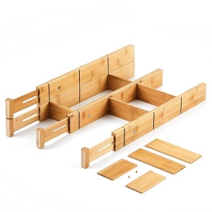 GHWIE Separadores de cajones de bambú con insertos, organizadores de cajones ajustables de cocina, organización expandible para el hogar, oficina, vestidores y baño, 4 separadores con 8 insertos