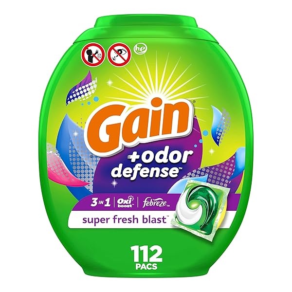 Gain Flings Laundry Detergent Pacs with Odor Defense, Super Fresh HE 3in1 Detergent Pacs with Febreze and Oxi, 112 count