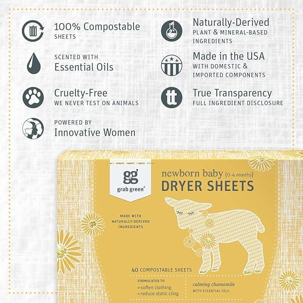 Grab Green {Stage 1} Natural Newborn Baby Laundry Dryer Sheets {0-4 Months}, Compostable, Free of Wax & Animal-Derived Ingredients, Calming Chamomile Fragrance—with Essential Oils, 40 Sheets (3-Pack) - Image 3