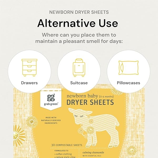 Grab Green {Stage 1} Natural Newborn Baby Laundry Dryer Sheets {0-4 Months}, Compostable, Free of Wax & Animal-Derived Ingredients, Calming Chamomile Fragrance—with Essential Oils, 40 Sheets (3-Pack) - Image 5