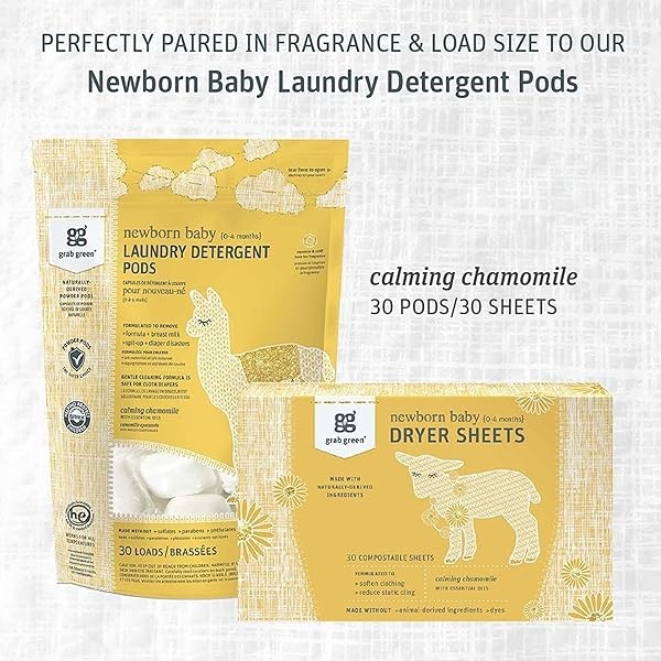 Grab Green {Stage 1} Natural Newborn Baby Laundry Dryer Sheets {0-4 Months}, Compostable, Free of Wax & Animal-Derived Ingredients, Calming Chamomile Fragrance—with Essential Oils, 40 Sheets (3-Pack) - Image 8
