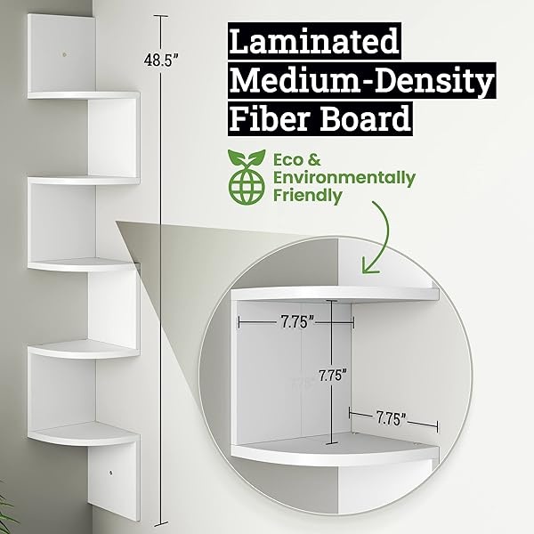 Greenco - Estantes de Esquina de 5 Niveles, Estante Flotante para Esquinas, Almacenamiento Organizador de Pared, estantes de Montaje en Pared fáciles de Montar para dormitorios, estantes de baño, - Image 3