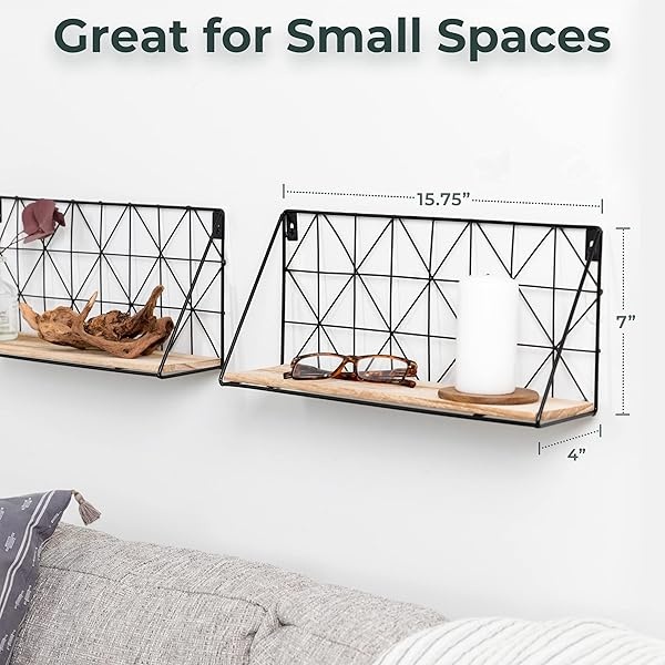 Greenco Juego de 2 estantes flotantes de Montaje geométrico, decoración del hogar, Alambre de Metal y Madera rústica para Dormitorio, Sala de Estar, baño, Cocina, Oficina y más - Image 3