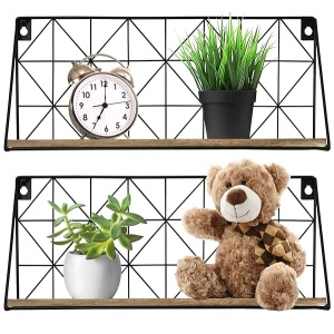 Greenco Juego de 2 estantes flotantes de Montaje geométrico, decoración del hogar, Alambre de Metal y Madera rústica para Dormitorio, Sala de Estar, baño, Cocina, Oficina y más