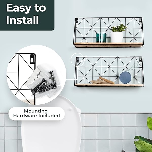 Greenco Juego de 2 estantes flotantes de Montaje geométrico, decoración del hogar, Alambre de Metal y Madera rústica para Dormitorio, Sala de Estar, baño, Cocina, Oficina y más - Image 5