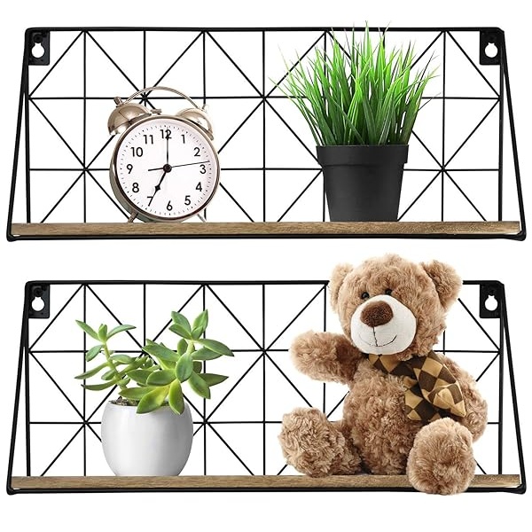 Greenco Juego de 2 estantes flotantes de Montaje geométrico, decoración del hogar, Alambre de Metal y Madera rústica para Dormitorio, Sala de Estar, baño, Cocina, Oficina y más