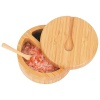 HTB Cuencos de sal y pimienta de bambú, salero dividido con tapa giratoria y cuchara, recipientes de condimento con tapa magnética para mantener seco, mini cuchara integrada en la parte superior (grande)