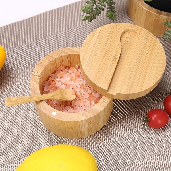 HTB Salero de bambú con cuchara, recipientes de especias de cocina con tapas giratorias magnéticas, juego de 2 recipientes de condimentos grabados con S y P - Image 5