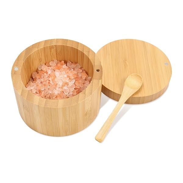 HTB Salero de bambú con cuchara, recipientes de especias de cocina con tapas giratorias magnéticas, juego de 2 recipientes de condimentos grabados con S y P - Image 6
