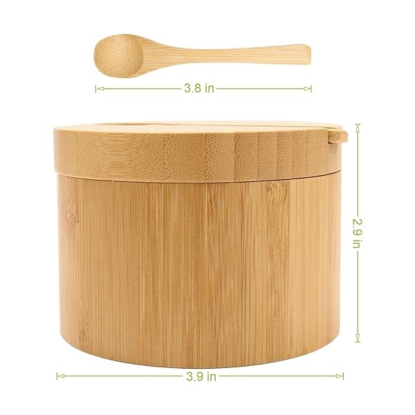 HTB Salero de bambú con cuchara, recipientes de especias de cocina con tapas giratorias magnéticas, juego de 2 recipientes de condimentos grabados con S y P - Image 7