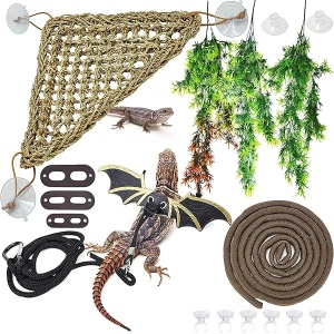 Hamiledyi Kit de accesorios de dragón barbudo, hamaca de lagarto, correa ajustable, alas de murciélago, plantas de reptiles, vid falsa, decoración de hábitat para escalada, lagartos camaleón, serpientes geco
