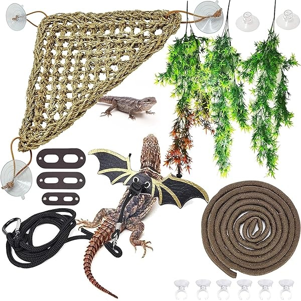 Hamiledyi Kit de accesorios de dragón barbudo, hamaca de lagarto, correa ajustable, alas de murciélago, plantas de reptiles, vid falsa, decoración de hábitat para escalada, lagartos camaleón, serpientes geco