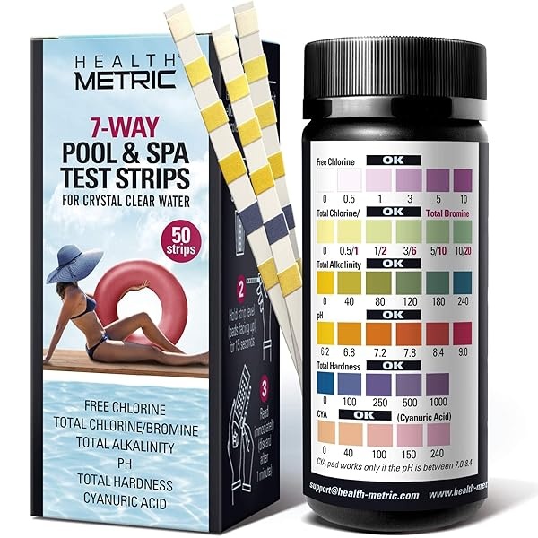 Health Metric - Tiras de prueba de agua para piscina y spa de 7 vías para tina de hidromasaje | 50 ct | Kit de prueba de agua para piscina para cloro, bromo, alcalinidad, pH y ácido cianúrico, tiras