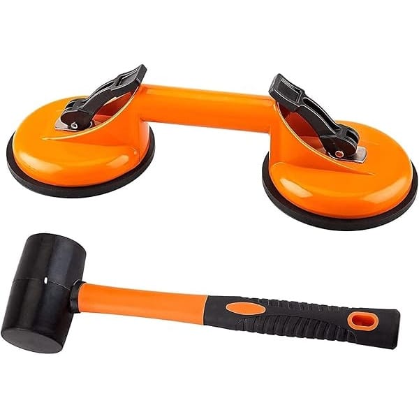 Herramienta de fijación de huecos de piso para reparación de huecos de piso laminado, incluye ventosa de aluminio resistente de alta calidad y mazo de goma con mango de fibra de vidrio, no se puede utilizar en suelos de superficie raspados