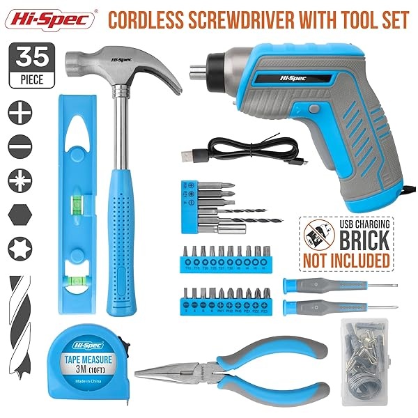 Hi-Spec Kit de herramientas azul de 35 piezas con destornillador eléctrico USB de 3.6 V y juego de taladro. Juego completo de herramientas general - Image 3