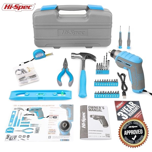 Hi-Spec Kit de herramientas azul de 35 piezas con destornillador eléctrico USB de 3.6 V y juego de taladro. Juego completo de herramientas general - Image 8