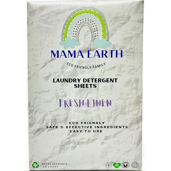 Hojas de detergente para ropa – MAMA EARTH ecológicas, biodegradables, aroma a lino fresco, libre de plástico (60 cargas)