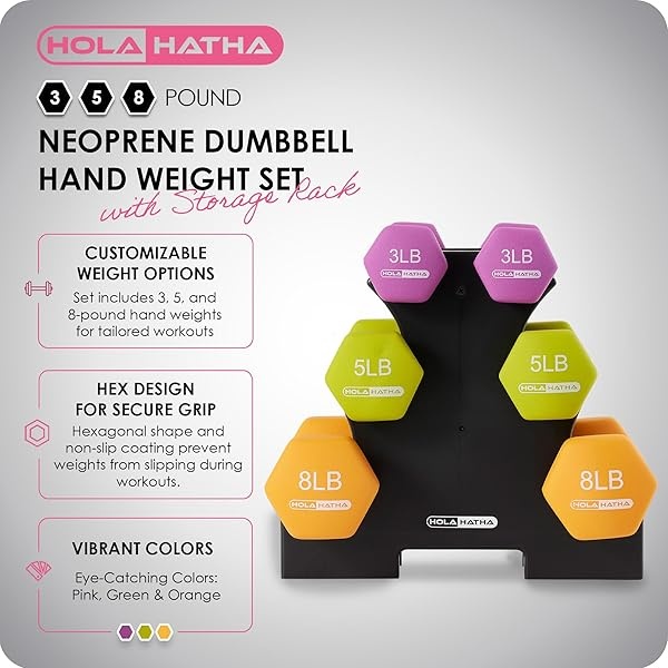 HolaHatha - Juego de pesas de mano y estante para entrenamiento en casa, 33 libras, multicolor - Image 3