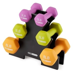 HolaHatha - Juego de pesas de mano y estante para entrenamiento en casa, 33 libras, multicolor