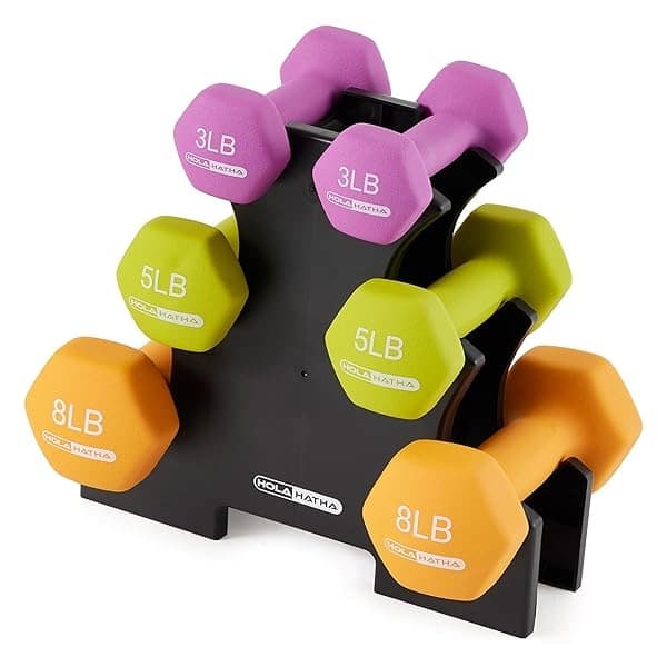 HolaHatha - Juego de pesas de mano y estante para entrenamiento en casa, 33 libras, multicolor