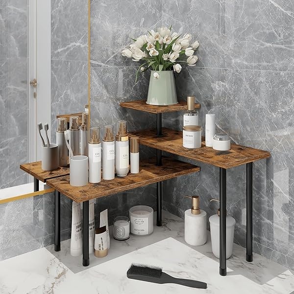 Homode - Estantería esquinera de 3 niveles, estante de cocina, organizador de encimera de madera vintage, estante ajustable para especias, organizador de almacenamiento para cocina, baño, oficina, marrón rústico - Image 4