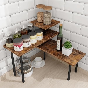 Homode - Estantería esquinera de 3 niveles, estante de cocina, organizador de encimera de madera vintage, estante ajustable para especias, organizador de almacenamiento para cocina, baño, oficina, marrón rústico