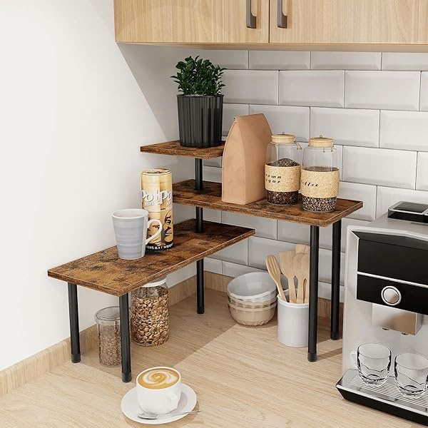 Homode - Estantería esquinera de 3 niveles, estante de cocina, organizador de encimera de madera vintage, estante ajustable para especias, organizador de almacenamiento para cocina, baño, oficina, marrón rústico - Image 5