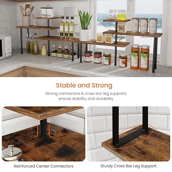 Homode - Estantería esquinera de 3 niveles, estante de cocina, organizador de encimera de madera vintage, estante ajustable para especias, organizador de almacenamiento para cocina, baño, oficina, marrón rústico - Image 6