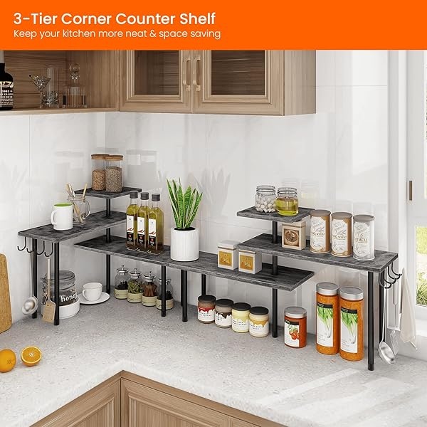 Homode Organizador de encimera de cocina, estante de esquina de 3 niveles, organizador de mostrador de baño, soporte de madera para mostrador de espacio, fácil montaje, gris rústico - Image 3