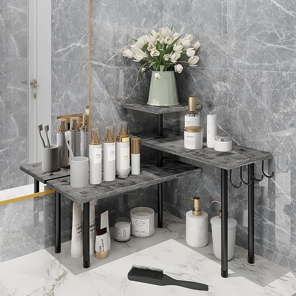 Homode Organizador de encimera de cocina, estante de esquina de 3 niveles, organizador de mostrador de baño, soporte de madera para mostrador de espacio, fácil montaje, gris rústico - Image 4