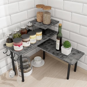 Homode Organizador de encimera de cocina, estante de esquina de 3 niveles, organizador de mostrador de baño, soporte de madera para mostrador de espacio, fácil montaje, gris rústico
