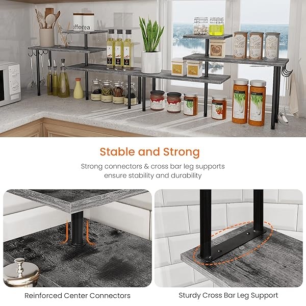Homode Organizador de encimera de cocina, estante de esquina de 3 niveles, organizador de mostrador de baño, soporte de madera para mostrador de espacio, fácil montaje, gris rústico - Image 5