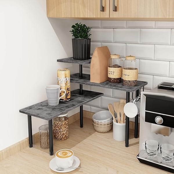 Homode Organizador de encimera de cocina, estante de esquina de 3 niveles, organizador de mostrador de baño, soporte de madera para mostrador de espacio, fácil montaje, gris rústico - Image 7
