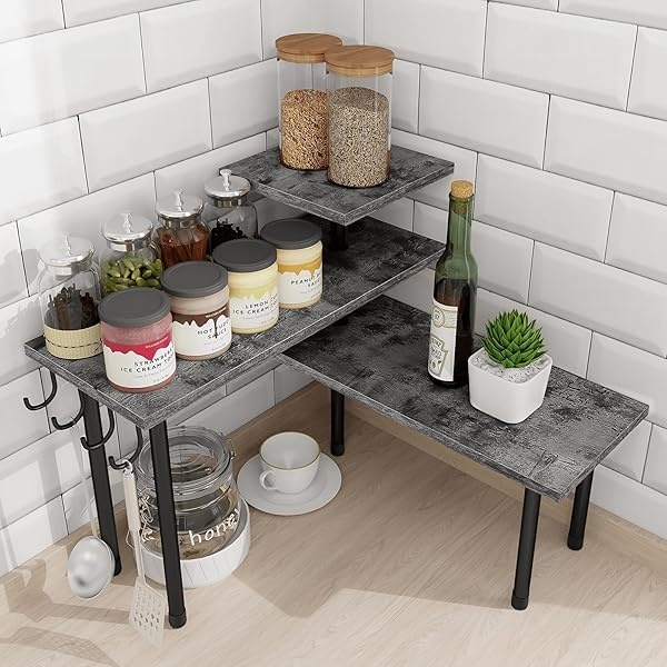 Homode Organizador de encimera de cocina, estante de esquina de 3 niveles, organizador de mostrador de baño, soporte de madera para mostrador de espacio, fácil montaje, gris rústico