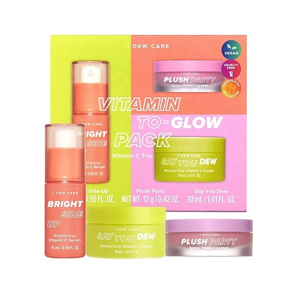 I Dew Care Skincare Set - Vitamin To Glow Pack | Illuminating Vitamin C Trio with Niacinamide, Travel Size, Cream, Lip Mask, Serum