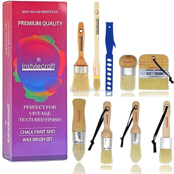 Instylecraft - Juego de pinceles de gis para muebles, cerdas naturales multiusos, pinceles ovalados grandes, ideales para cera, mineral, pintura de leche, pintura acrílica, decoración del hogar, manualidades, 9 piezas