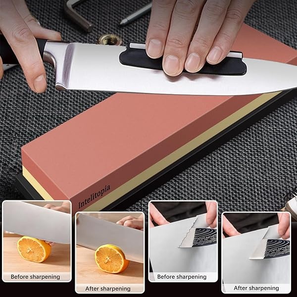 Intelitopia - Juego completo de afilar cuchillos – afilador de cuchillos de doble grano 400/1000 3000/8000 con refuerzo de piel, piedra aplanadora, base de bambú, 3 bases de goma antideslizantes y - Image 6