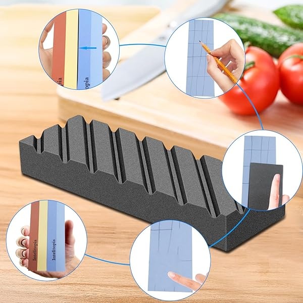 Intelitopia - Juego completo de afilar cuchillos – afilador de cuchillos de doble grano 400/1000 3000/8000 con refuerzo de piel, piedra aplanadora, base de bambú, 3 bases de goma antideslizantes y - Image 8