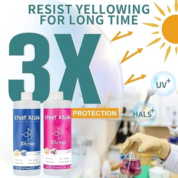 JDiction Resina epoxi de 32 onzas – Fórmula mejorada, 3 veces de protección UV, kit de resina transparente para arte, joyas, moldes, resina fácil de mezclar 1:1 con alfombrilla de silicona, esparcidor, vasos de mezcla, palos y guantes - Image 3