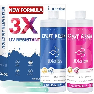 JDiction Resina epoxi de 32 onzas – Fórmula mejorada, 3 veces de protección UV, kit de resina transparente para arte, joyas, moldes, resina fácil de mezclar 1:1 con alfombrilla de silicona, esparcidor, vasos de mezcla, palos y guantes